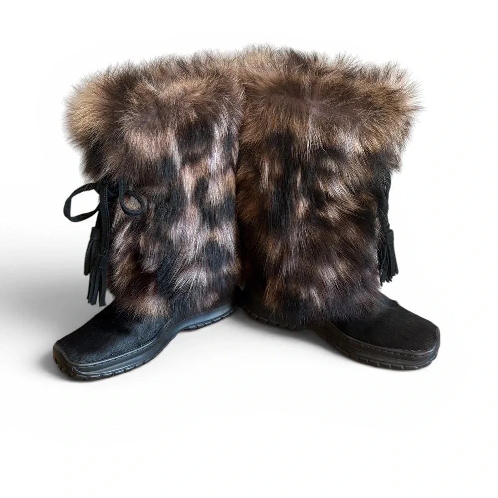 Winna Italian Fur Pony Hair Leather Tassel Sherpa Lined Winter Snow Boots Sz 38